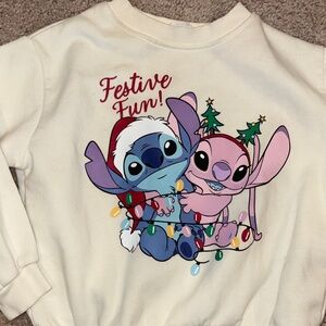H&M Kids Cream Sweatshirt with Blue & Pink Stitch & Angel Holiday Print